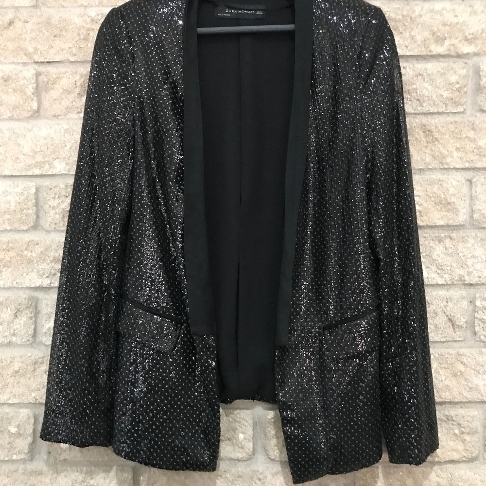 Zara Black Sequin Tuxedo Blazer - Picture 2 of 5